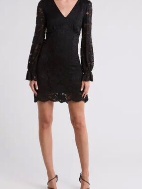Black Lace V-Neck Long Sleeve Mini Dress